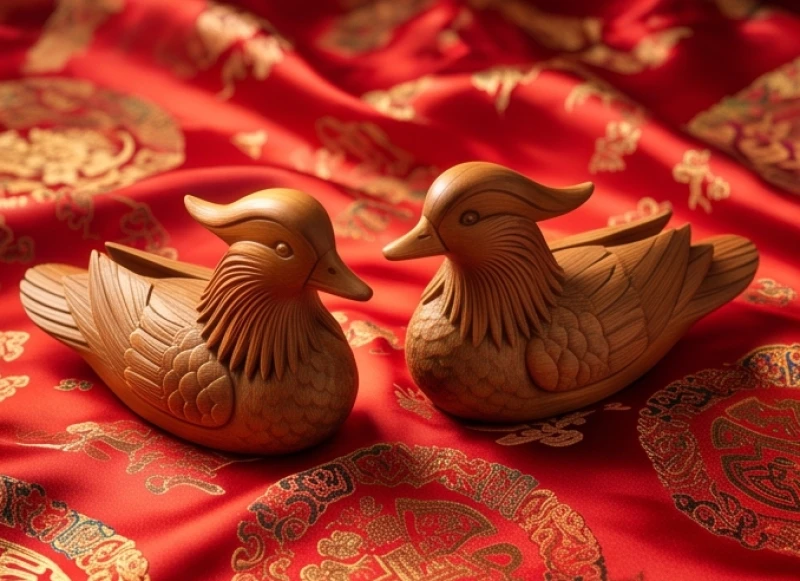 Đôi chim uyên ương bằng gỗ quý được đặt trang trọng trên tấm lụa đỏ dệt hoa văn truyền thống