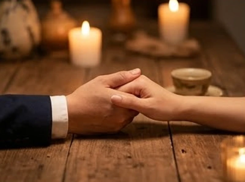 Tuổi Tỵ hợp tuổi nào: chuẩn nam nữ mạng và cách hóa giải 5 Bàn tay người nam nắm chặt tay người nữ trên chiếc bàn gỗ mộc mạc bên ánh nến