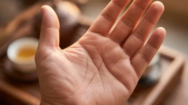 Cận cảnh bàn tay mở rộng hiển thị rõ đường trí đạo bị đứt đoạn dưới ánh sáng tự nhiên ấm áp