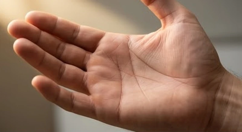 Lòng bàn tay nam giới với đường trí đạo sâu, đậm nét và kéo dài vượt qua ngón áp út
