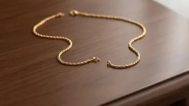 Sợi dây chuyền vàng bị đứt gãy nằm trên mặt bàn gỗ mang theo những băn khoăn đứt dây chuyền vàng là điềm gì