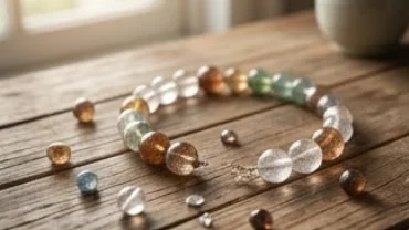 Hiện tượng đứt vòng phong thủy là điềm gì qua hình ảnh chuỗi hạt đá tự nhiên bị đứt dây nằm trên bàn gỗ