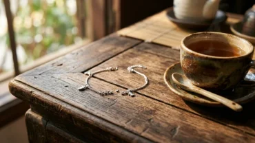 Cận cảnh chiếc vòng bạc đứt gãy trên bàn gỗ giúp bạn giải mã đứt vòng tay bạc là điềm gì