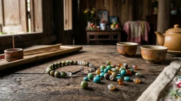 Cận cảnh chiếc vòng tay phong thủy bị đứt hạt trên bàn gỗ giúp giải đáp đứt vòng tay là điềm gì trong tâm linh