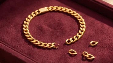 Chiếc vòng tay vàng 24K bị đứt gãy nằm trên nền nhung đỏ cùng các mắt xích rơi rớt