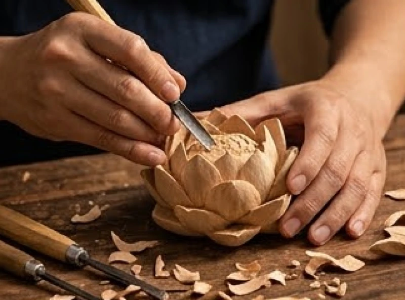 Người thợ thủ công cẩn mẫn hoàn thiện bức tượng gỗ dở dang dưới ánh đèn vàng
