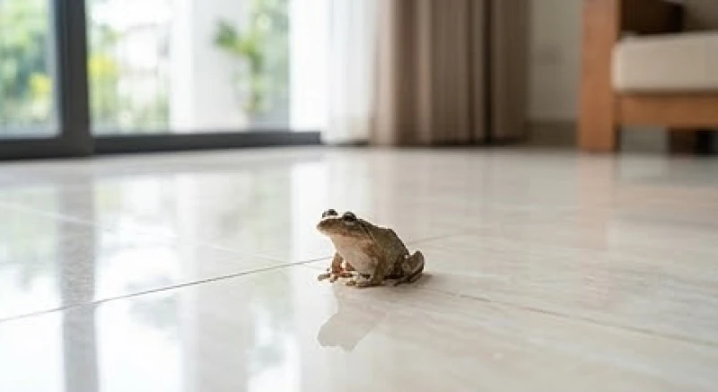 Chú ếch hoang dã bất ngờ xuất hiện trên nền gạch men giữa phòng khách, thu hút sự chú ý của mọi người.