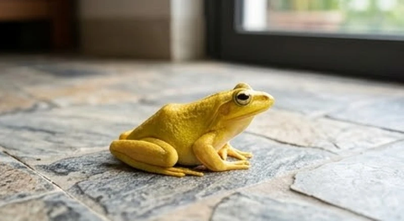 Chú ếch màu vàng rực rỡ đậu trên thềm nhà mang ý nghĩa báo hiệu tài lộc và phú quý sắp đến.