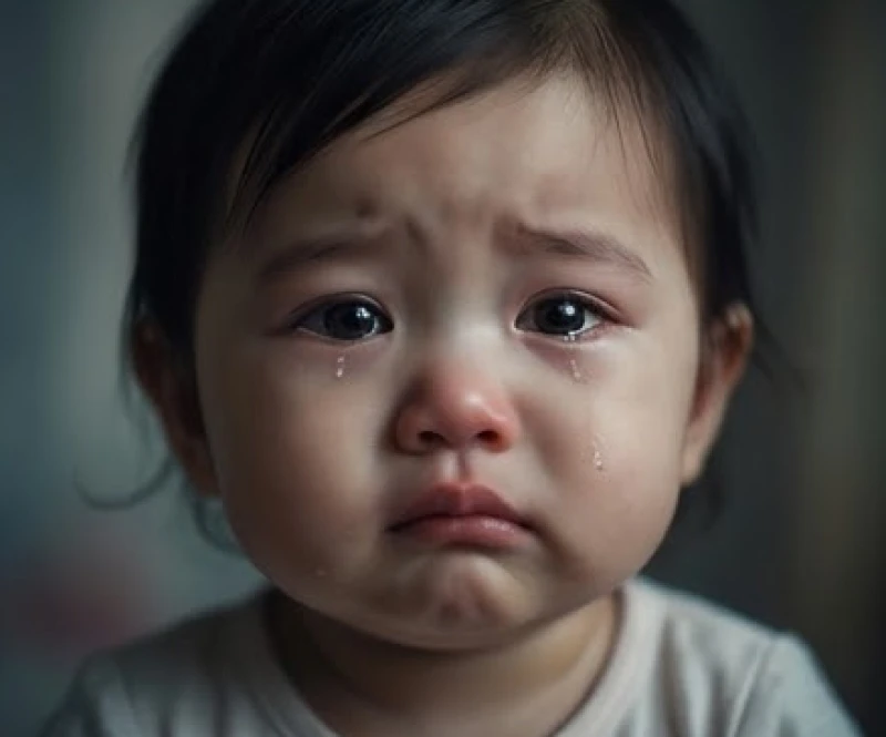 Gương mặt buồn bã và ánh mắt đẫm lệ của một bé gái đang khóc nức nở giữa không gian tĩnh lặng