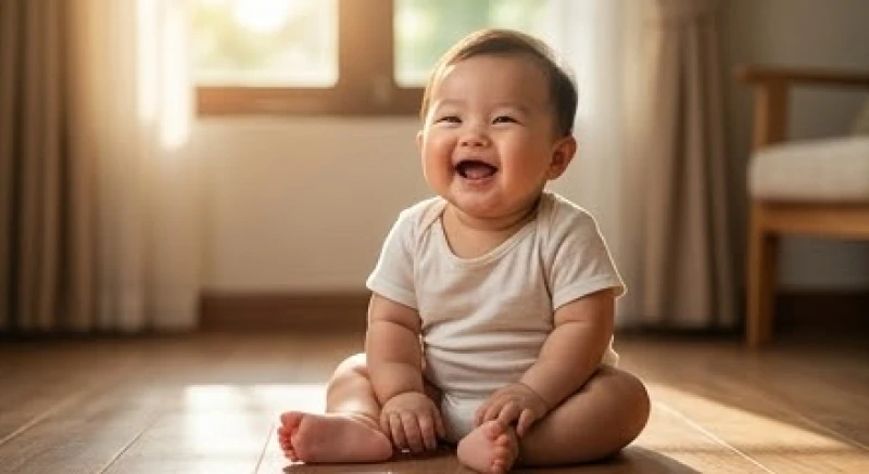 Em bé bụ bẫm đang nở nụ cười rạng rỡ và ánh mắt sáng ngời tràn đầy năng lượng tích cực