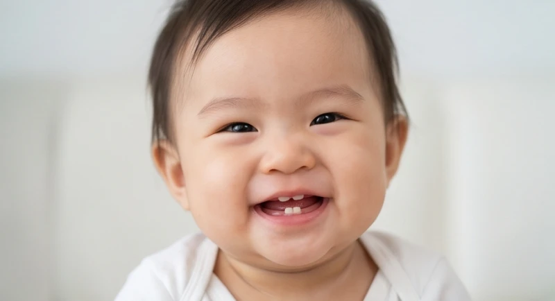 Nụ cười rạng rỡ của em bé với những chiếc răng sữa đầu tiên, mang ý nghĩa may mắn từ các mối quan hệ xã hội và gia đạo