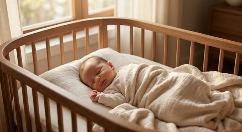 Một em bé sơ sinh đáng yêu đang ngủ say sưa trong chiếc nôi gỗ được lót chăn bông mềm mại