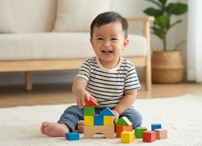 Tuổi Sửu sinh con tháng nào tốt: Đối chiếu ngũ hành từng tháng 2 Em bé đang mỉm cười rạng rỡ khi chơi đùa cùng các khối gỗ xếp hình trong phòng khách