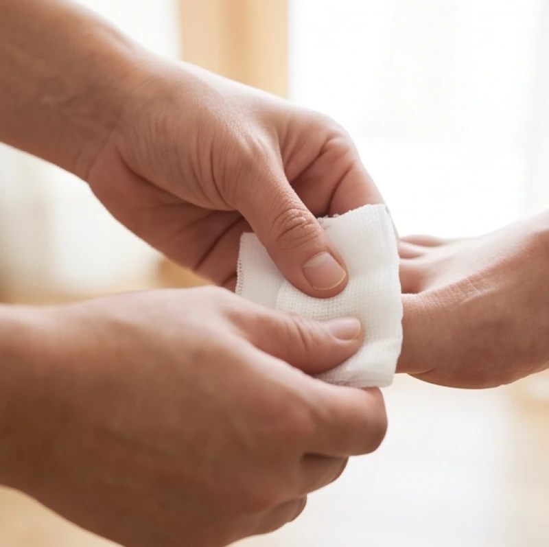 Bàn tay đang dùng ngón cái ép chặt miếng gạc y tế lên ngón chân cái để kiểm soát tình trạng chảy máu
