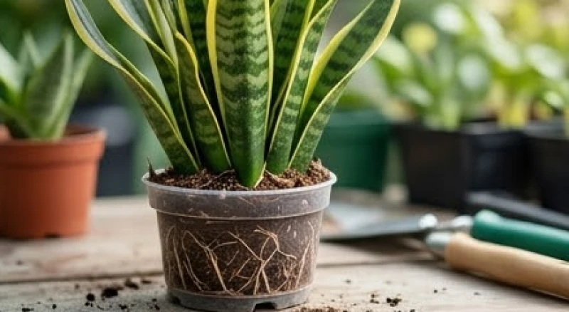 Cây lưỡi hổ ra hoa là điềm gì? Ý nghĩa & hướng đặt kích tài lộc 6 Bộ rễ cây lưỡi hổ phát triển nén chặt trong một chiếc chậu nhựa có kích thước hẹp