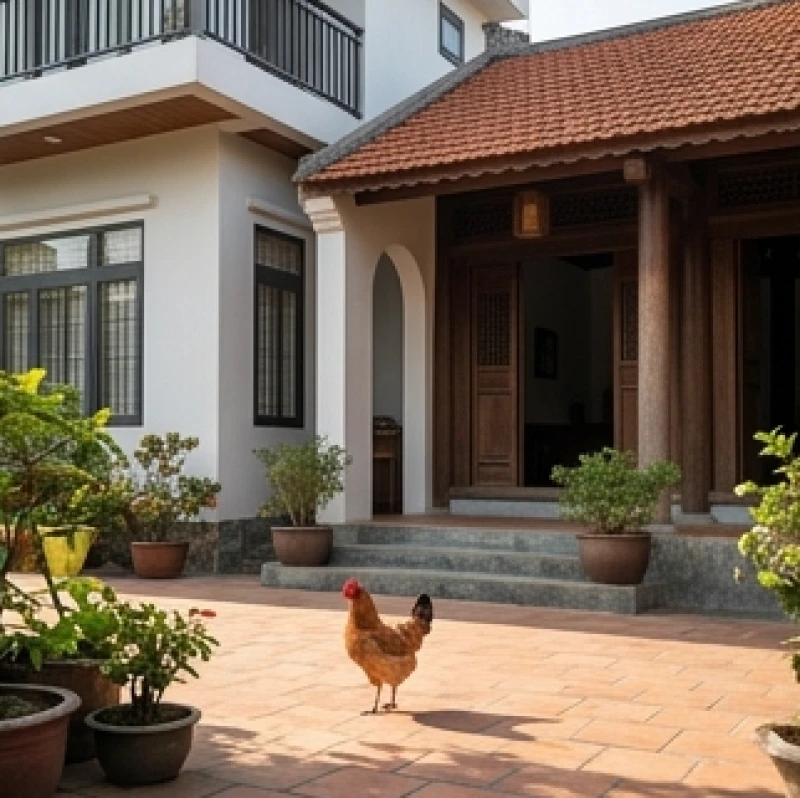 Mơ thấy gà vào nhà: Điềm báo tài lộc & cách kích hoạt vận may 2 Một chú gà đi lạc vào sân nhà mang theo tín hiệu ngoại cảnh báo hiệu gia đình chuẩn bị đón khách quý gõ cửa.