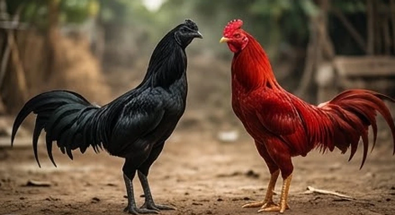 Một con gà chọi có bộ lông đen tuyền bí ẩn đứng đối diện với chiến kê sở hữu bộ lông đỏ rực