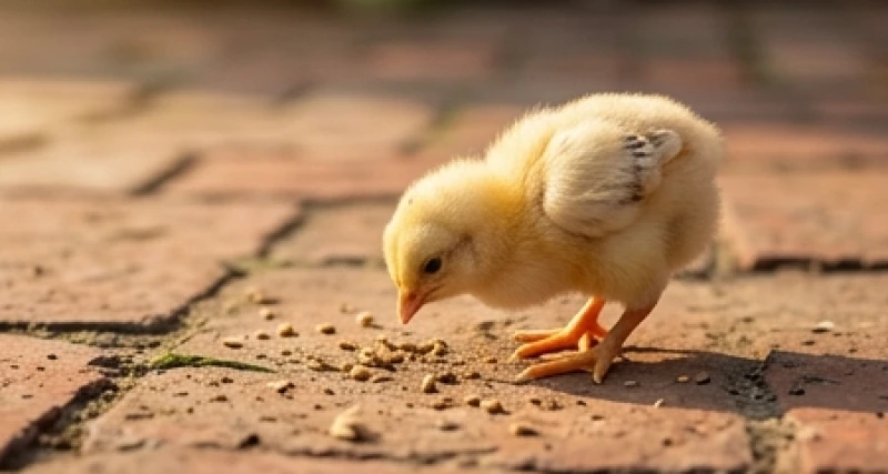 Chú gà con đang dùng chân bới đất tìm mồi trên nền sân gạch đỏ truyền thống