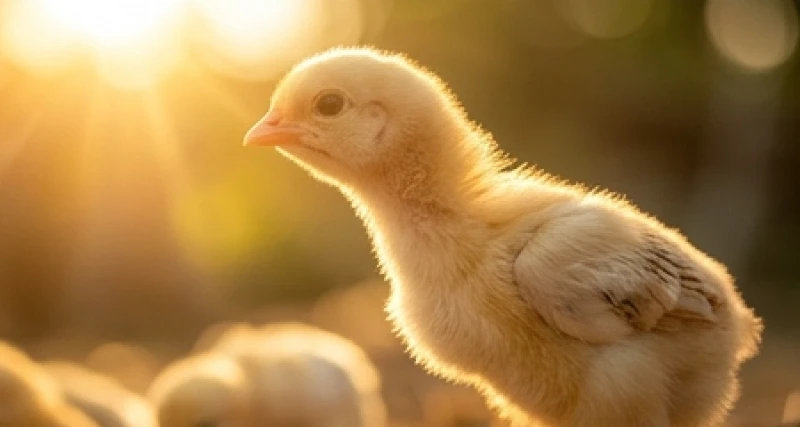 Chú gà con ngẩng cao đầu vươn mình đón lấy những tia nắng bình minh rực rỡ