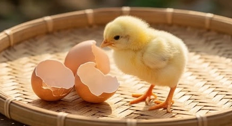 Mơ thấy trứng gà nở: Giải mã điềm báo bứt phá và con số tài lộc 2 Chú gà con lông óng mượt di chuyển nhanh nhẹn bên cạnh những mảnh vỏ trứng vừa vỡ trên nong tre