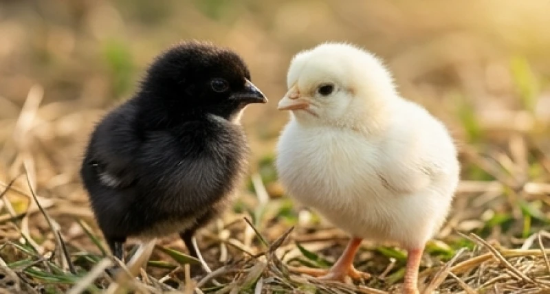 Hai chú gà con mang bộ lông màu đen tuyền và trắng muốt đang đứng cạnh nhau