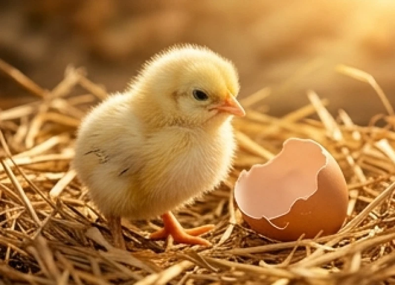 Chú gà con lông vàng óng vừa chui ra khỏi vỏ trứng đại diện cho thành quả rực rỡ