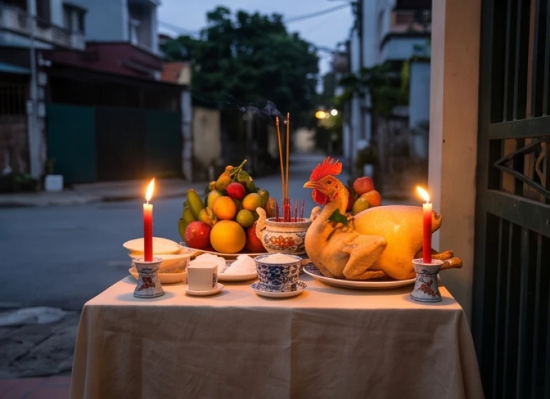 Bàn cúng ngoài trời với đĩa gà luộc được quay mỏ hướng ra đường lớn để nghênh đón các vị thần linh