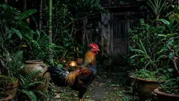 Hình ảnh chú gà trống đứng gáy giữa đêm khuya giúp độc giả tìm hiểu hiện tượng gà gáy tối là điềm gì theo phong thủy