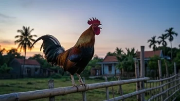 Chú gà trống cất tiếng gáy trên hàng rào tre vào ban đêm khơi dậy thắc mắc gà gáy tối là điềm gì trong dân gian