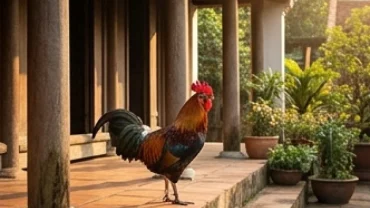 Con gà trống dũng mãnh bước vào hiên nhà truyền thống mang theo vượng khí giúp giải đáp gà lạ vào nhà là điềm gì