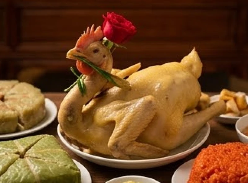 Văn khấn giao thừa trong nhà: Bài cúng chuẩn và quy tắc hành lễ 7 Đĩa gà trống luộc tạo dáng cánh tiên ngậm hoa hồng đỏ đặt ở vị trí trung tâm mâm cỗ mặn truyền thống