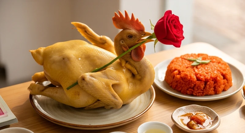 Đĩa gà luộc cánh tiên ngậm hoa hồng và xôi gấc đỏ tươi trên mâm cúng