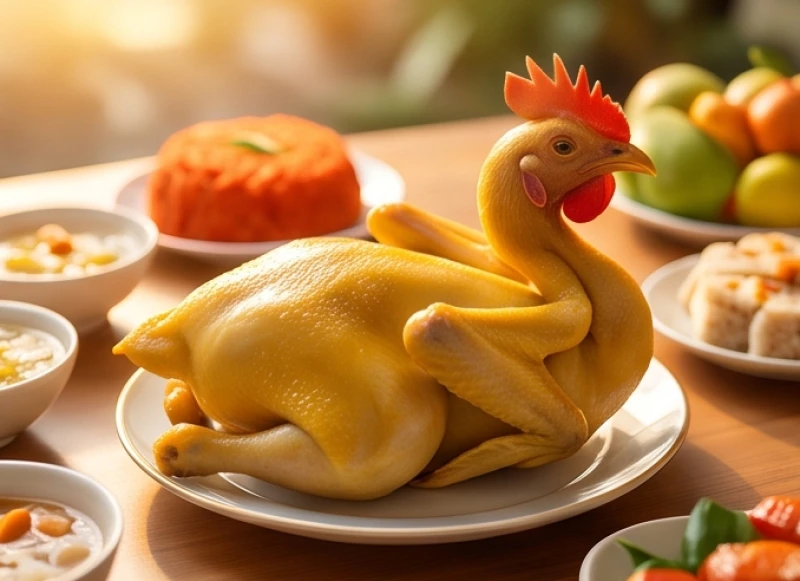 Văn khấn khai trương quán ăn: Bài cúng chuẩn và cách sắm mâm lễ 6 Gà trống luộc chéo cánh da vàng ươm đặt uy nghi trên đĩa trong mâm cúng khai trương