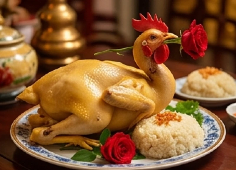 Mâm cúng mặn với gà trống luộc vàng ươm dâng lên Bà Chúa Xứ cầu mong công việc kinh doanh hanh thông