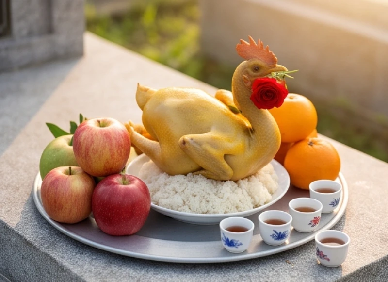Mâm lễ cúng mặn ngoài mộ gồm gà trống luộc ngậm hoa hồng đặt trên đĩa xôi trắng, bên cạnh là rượu và trái cây