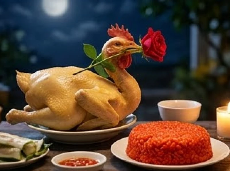 Gà trống luộc nguyên con ngậm hoa hồng đỏ và đĩa xôi gấc trên mâm cúng ngoài trời