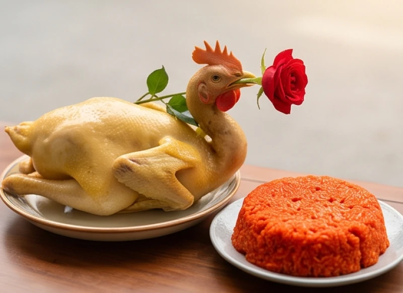 Gà trống luộc ngậm hoa hồng đỏ bày trang trọng trên bàn lễ cúng