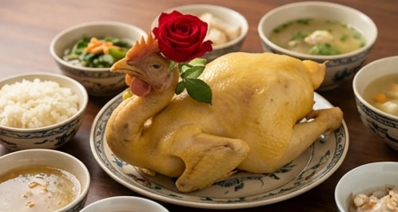 Văn khấn thần linh rằm tháng 7: bài cúng chuẩn tại nhà, cửa hàng 5 Gà trống luộc nguyên con da vàng ươm, mỏ ngậm hoa hồng đỏ được đặt trang trọng giữa mâm cỗ cúng thần linh