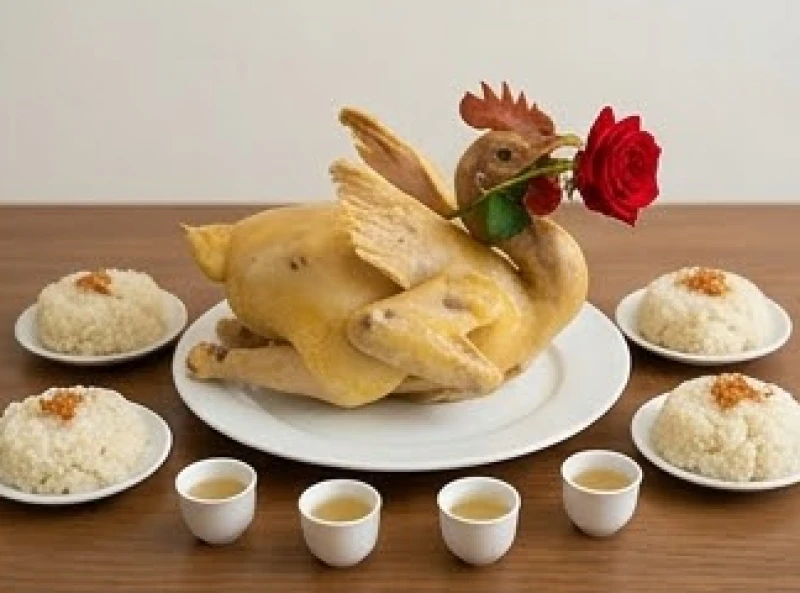 Đĩa gà luộc chéo cánh tiên ngậm hoa hồng đỏ bày trên mâm cúng tạ đất truyền thống