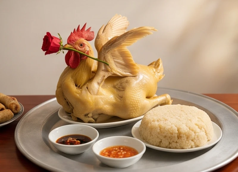 Đĩa gà trống luộc ngậm hoa hồng và mâm xôi dâng ban Công đồng