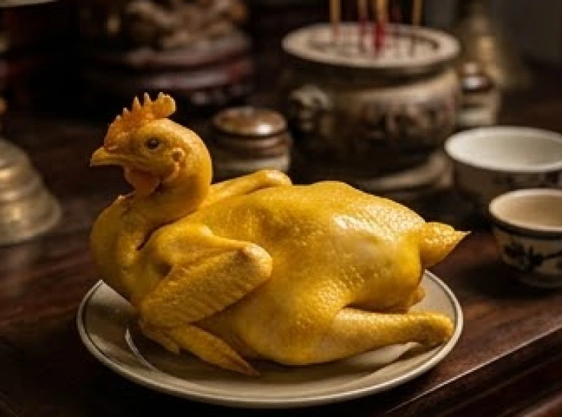 Văn khấn tạ lễ Bà Cậu: Cách sắm mâm cúng và bài cúng trả lễ 5 Con gà trống tơ luộc nguyên vẹn da vàng ươm vắt chéo cánh được bày ngay ngắn trên đĩa dâng lễ mặn