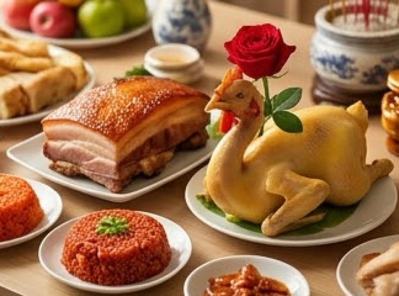 Văn khấn tất niên tại công ty: Bài cúng chuẩn không lẫn gia tiên 5 Đĩa gà luộc ngậm hoa hồng và heo quay da giòn được bày biện trang trọng trên mâm lễ