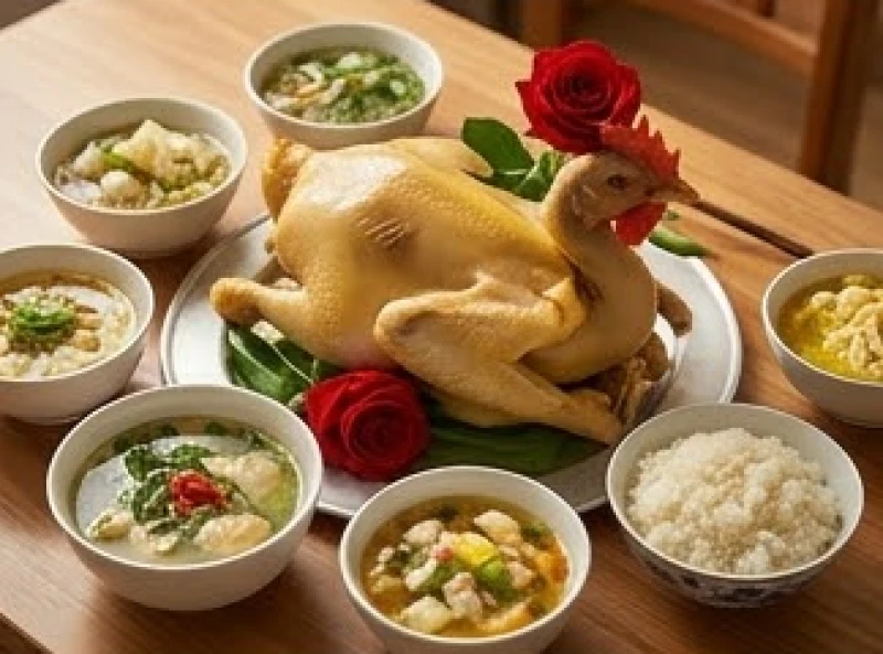 Mâm cỗ mặn cúng gia tiên với gà trống luộc ngậm hoa hồng đỏ đặt ở vị trí trung tâm cùng xôi và các món xào