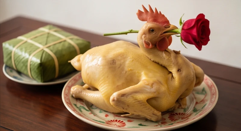 Con gà luộc chéo cánh ngậm hoa hồng là điểm nhấn quan trọng trên mâm cúng mặn ngày tạ lễ.