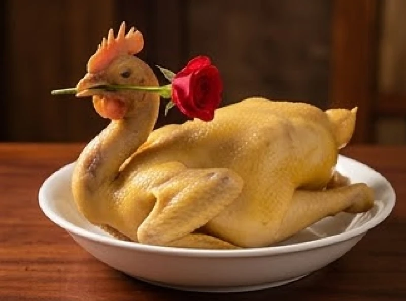 Đĩa gà trống luộc ngậm hoa hồng đỏ cắp cánh tiên đặt trang trọng trên mâm cúng tạ lễ thần linh