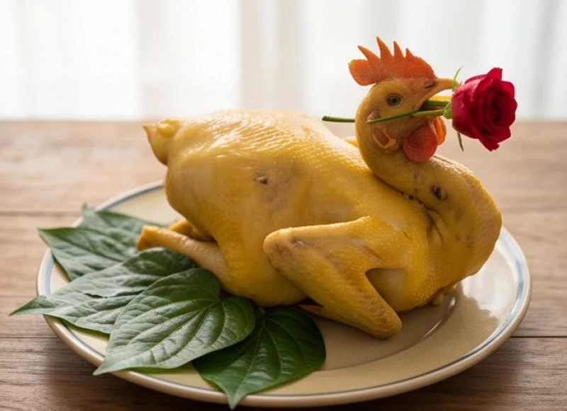 Gà luộc nguyên con ngậm hoa hồng vàng ươm đặt trên đĩa trang trọng