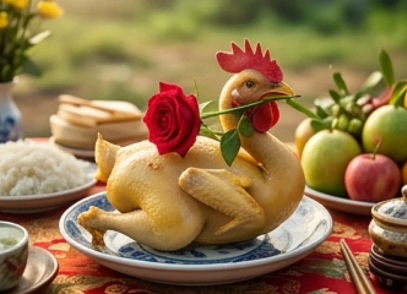 Tuổi Ngọ động thổ ngày nào tốt: Lịch từng can và thủ tục cúng lễ 8 Đĩa gà trống luộc chéo cánh ngậm hoa hồng đỏ được bày biện trang trọng trên mâm cúng Thổ công