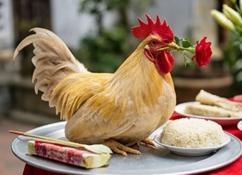 Mâm cúng mặn truyền thống với gà trống thiến luộc ngậm hoa hồng tươi dâng lên ban thờ uy nghiêm