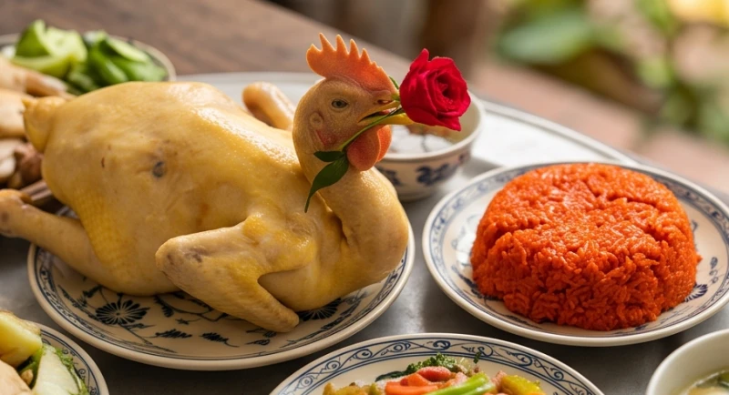 Văn khấn giỗ hết cha: Bài cúng chuẩn và trình tự xả tang 4 Gà luộc nguyên con ngậm hoa hồng đỏ và đĩa xôi gấc đặt ngay ngắn trên mâm cúng giỗ hết cha.