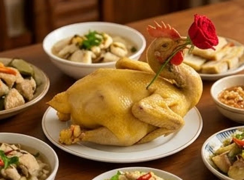 Đĩa gà luộc ngậm hoa hồng vàng ươm, chéo cánh trang nghiêm là món trung tâm của mâm cúng mặn